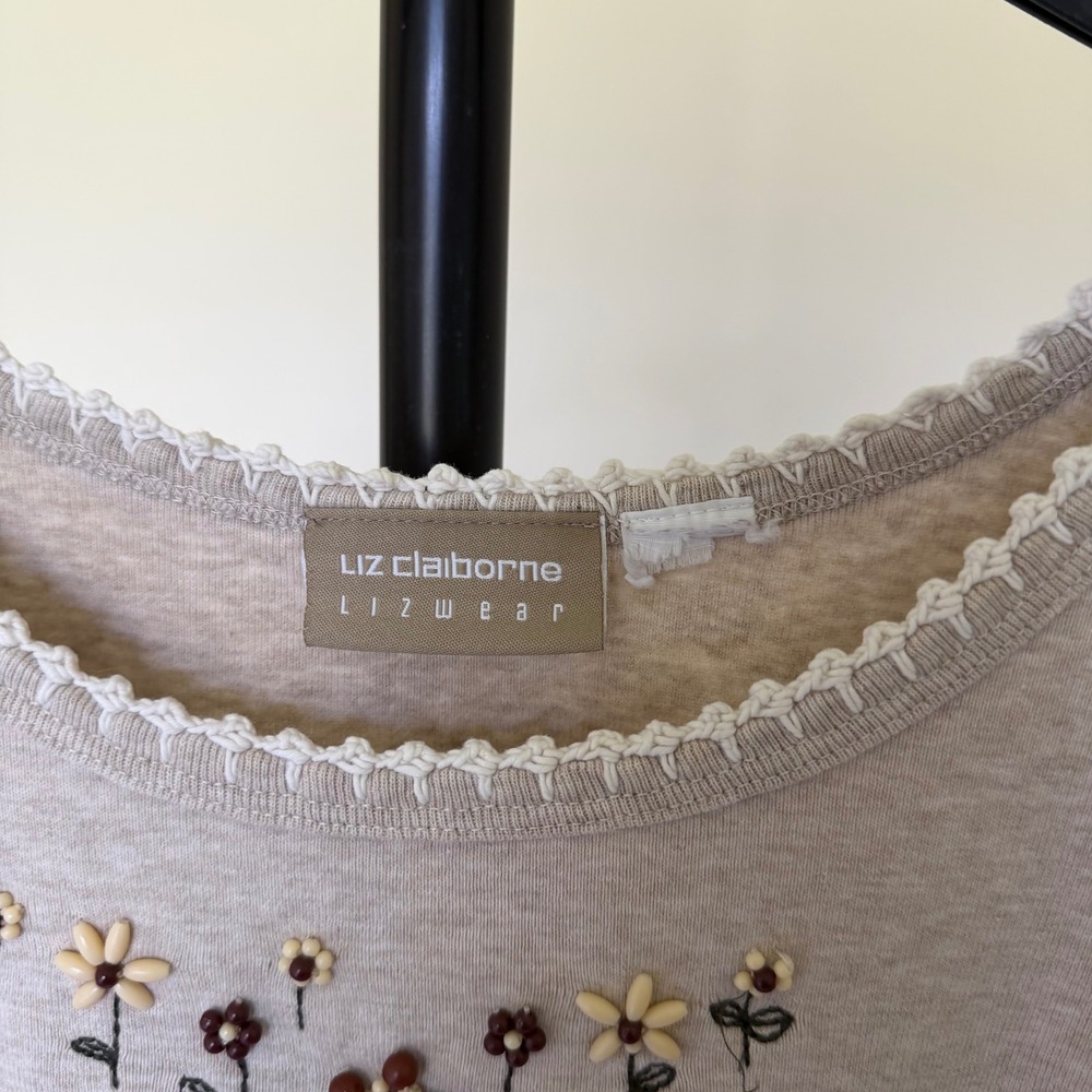 Y2K Lizwear Tan Floral Embroidered Beaded Lace Trim Tank Top Boho Indie Sleeze M - Picture 2 of 9